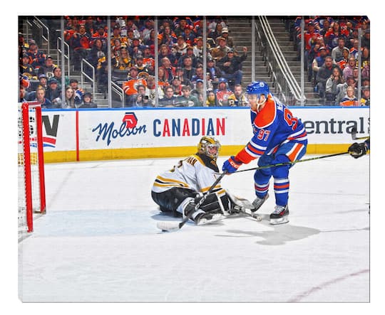 Connor McDavid Unsigned 16" x 20" Canvas Oilers vs Bruins 20" x 16"